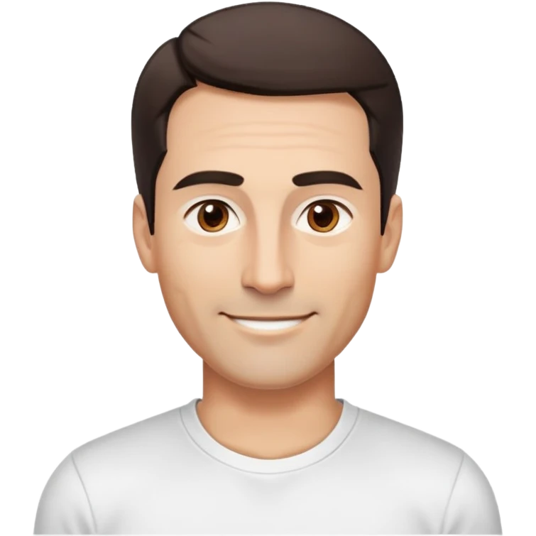 Fit good-looking man in his 40s with young appearance, light brown complexion, elongated face, fine jawline, intense brown eyes, medium eyebrows, straight narrow nose, attractive smile, short dark hair styled fresh, vibrant expression, wearing a white fitted athletic shirt emoji