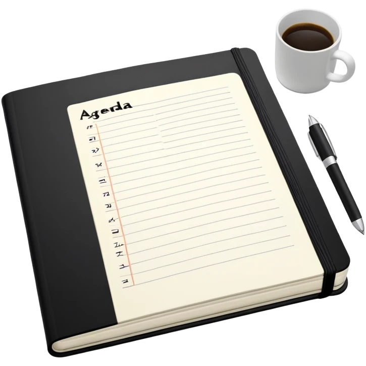 An open black Moleskine notebook with 'AGENDA' written in bold at the top of the page and meeting items with bullet points clearly visible below emoji