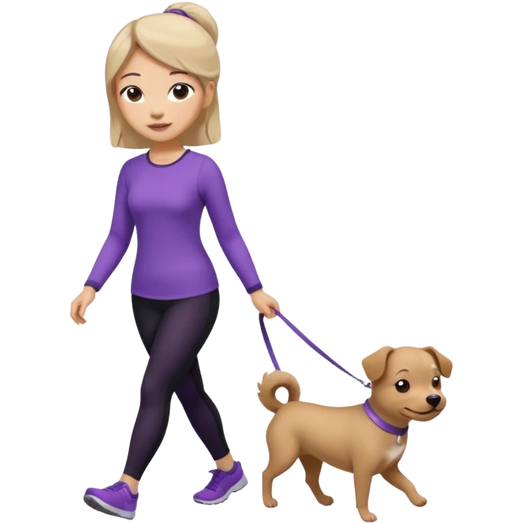 Chinese woman wearing purple top and black leggings walking 1 small brown dog emoji