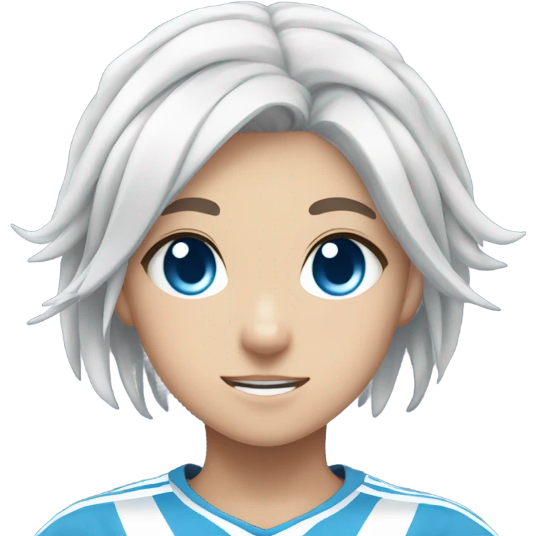 Anime girl, argentian soccer uniform. black goat horns, blue eyes, white short hair emoji