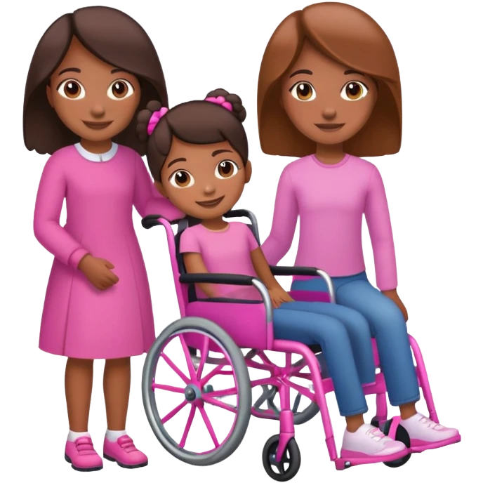 One tan skin sister standing behind her brown skin sister in a pink wheelchair emoji