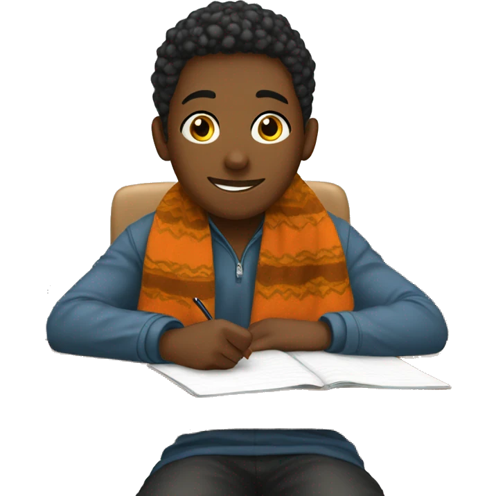 Teen wearing fall blanket sitting at school desk emoji