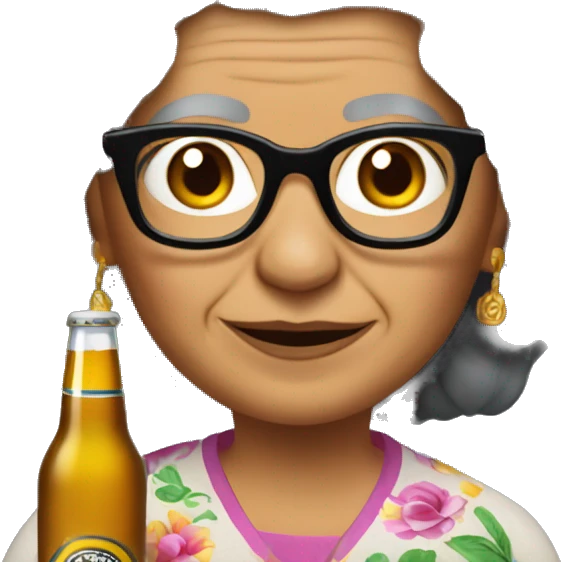 Mexican grandma with long curly black hair and glasses and a corona beer emoji