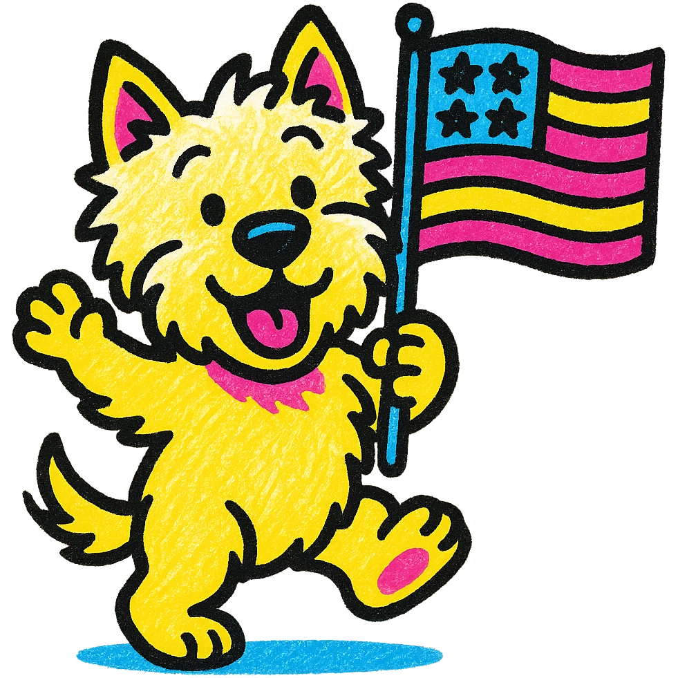 white Westie dog joyfully waving a United States flag, vibrant pop colors cartoon style emoji