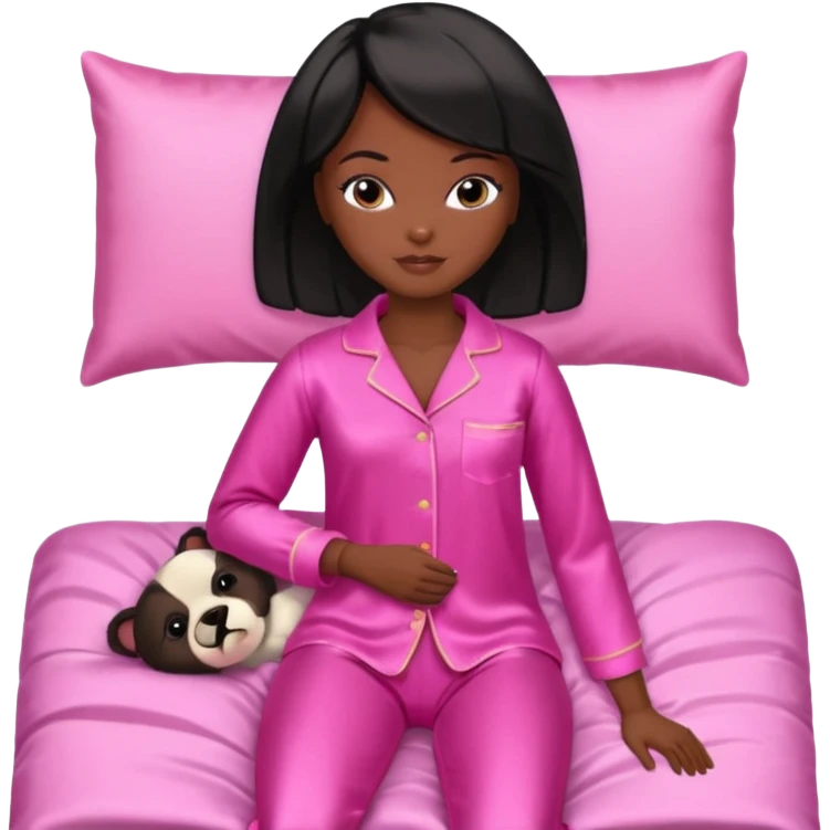 Dark skin Black barbie, short  black bob  hair, pink pajamas in bed sleeping  emoji