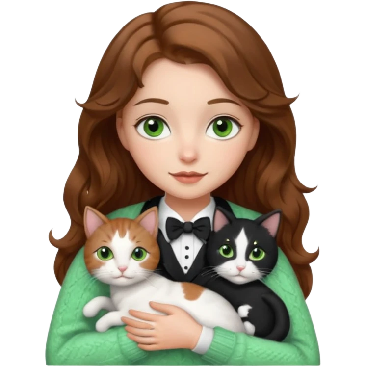 A pretty white girl with hazel brown eyes and brown wavy hair in a cosy white knit sweater, hugging a black and whitebtuxedo cat with green eyes emoji