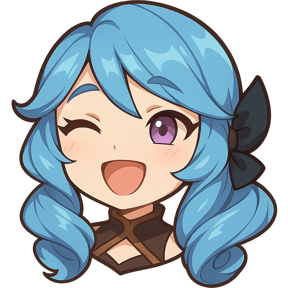 chibi emote of Gwen from League of Legends, only the head, right eye purple, borderless, laughing expression emoji
