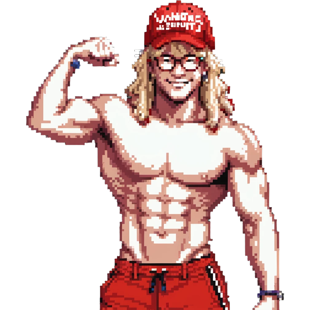 Man with black and white cap with VANOMAS text, bare torso, red shorts, clear glasses, messy light blond mullet hairstyle, smiling and flexing muscles emoji