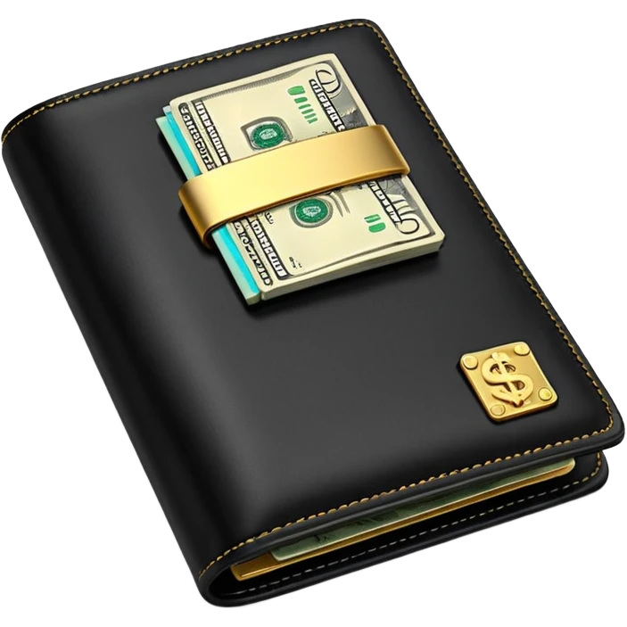 Rich emoji style black leather wallet with dollar bills, luxury money vibe, premium 3D emoji, ultra clean, high detail, no background
 emoji