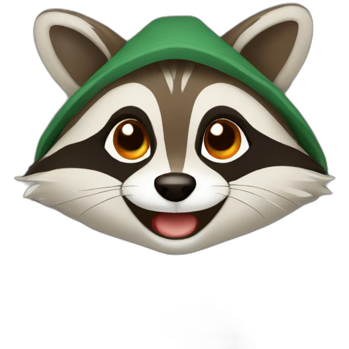 brown raccoon with orange eyes and a dark green hood that is laughing emoji