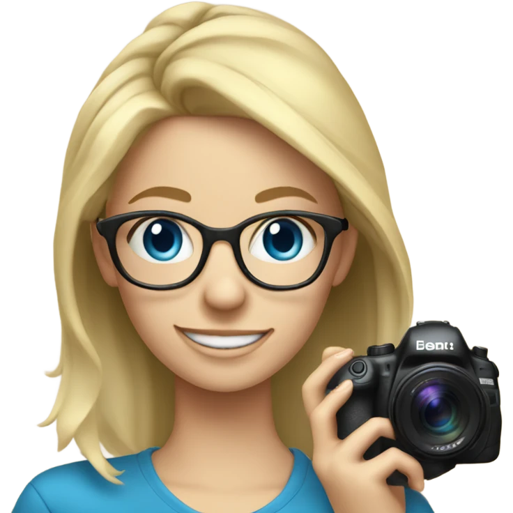 Real blonde girl with glasses smiling blue eyes taking pictures with a camera  emoji