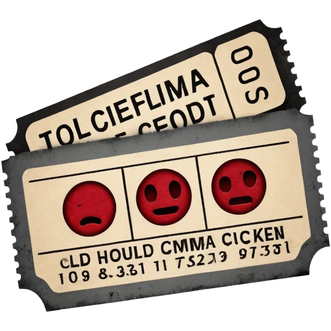 Minimalist emoji-style sticker of an old torn cinema ticket, blood-stained edges and burn holes, grayscale paper

 emoji