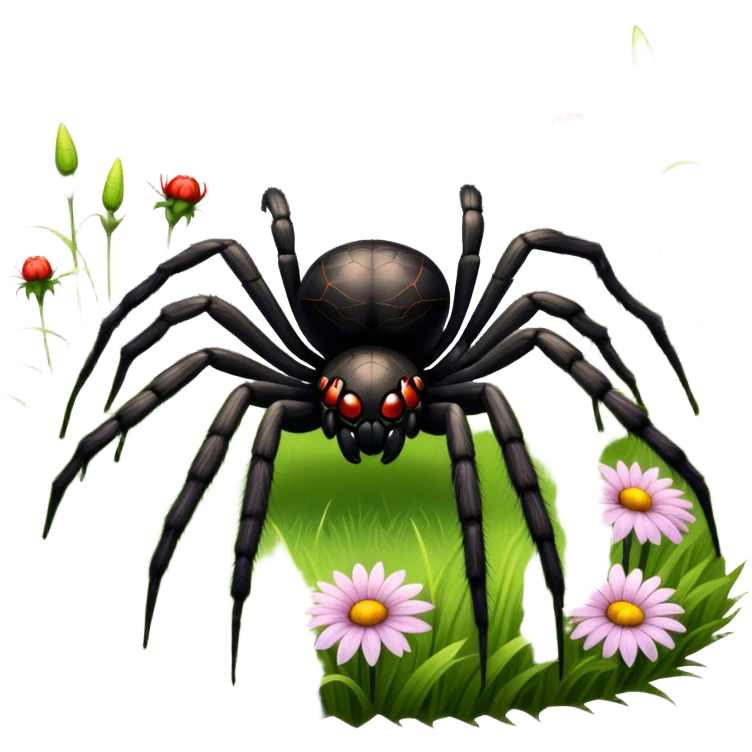 Huge spider sitting on grass with flowers, surrounded by a lush meadow. Detailed legs and body, with soft natural lighting enhancing its texture. Calm, serene background with vibrant greenery and a clear sky. Transparent background. emoji