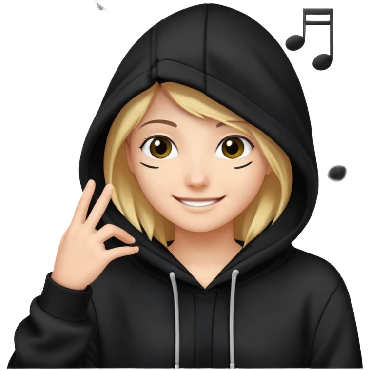 a smiling face peeking out from a hoodie with musical notes around emoji