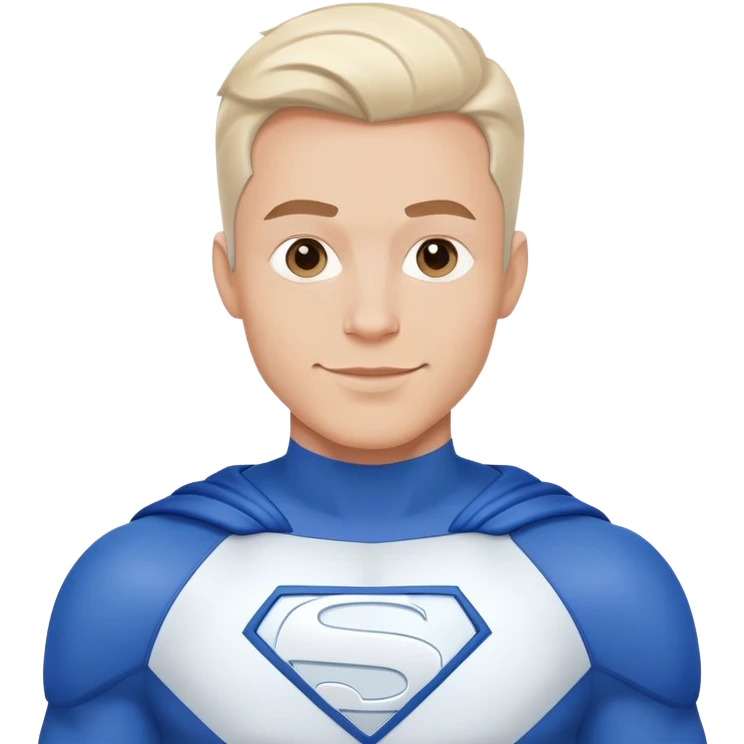 Emoji of a friendly, clean-shaven man in a blue and white superhero suit. The suit features a large blank area on the chest for a logo, uses only blue and white colors, and has minimal details. The man has a cheerful expression. Minimalist style emoji