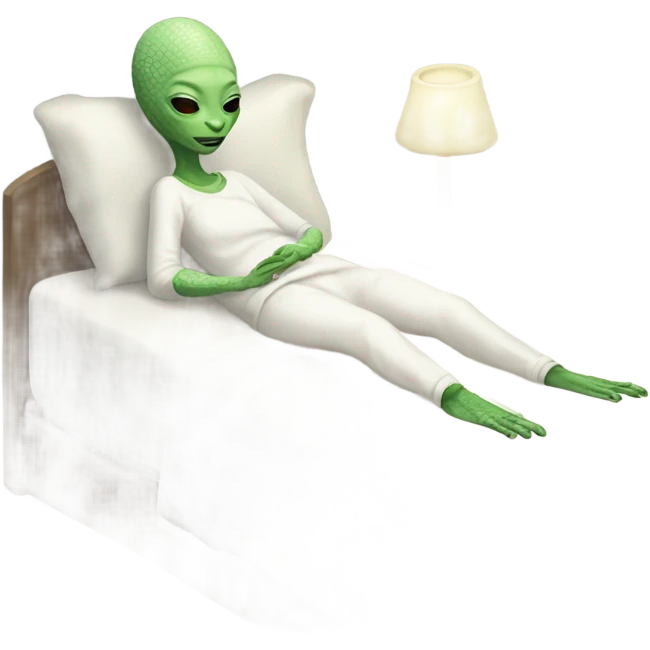 Reptilian alien woman, in white in pajamas, sleeping to bed emoji