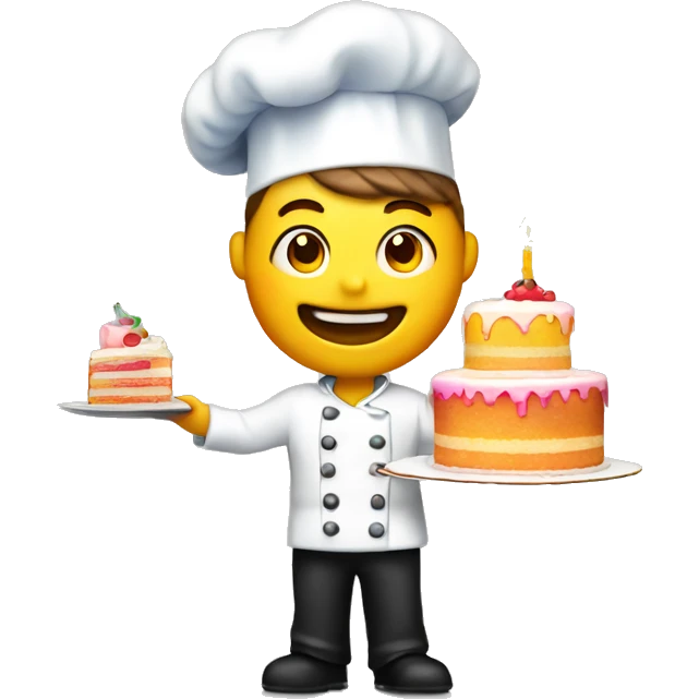 A pastry chef with a bright colored light holds a cake with three tiers in one hand emoji
