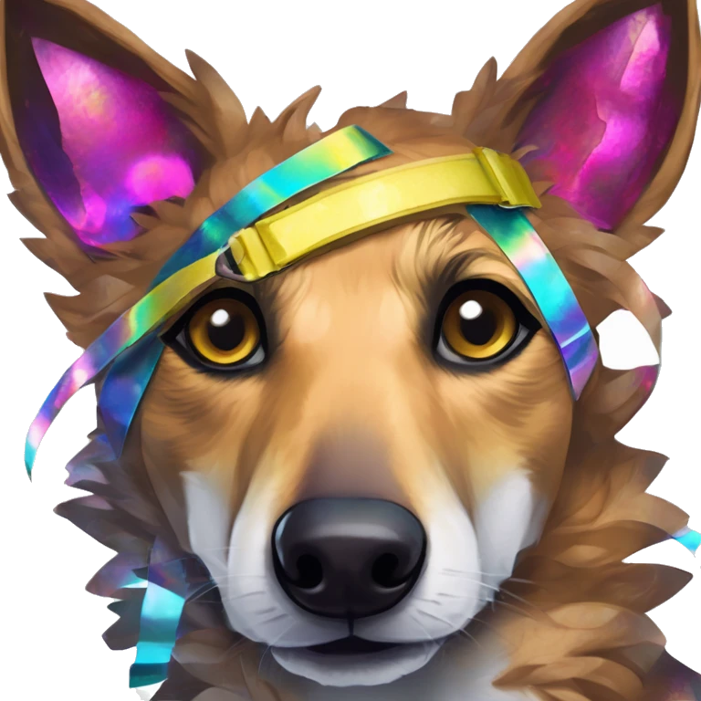  brindle brown black maroon gold lurcher Alsatian fox running blue eyes and iridescent holographic oilslick harness wearing paper iridescent tropical flower crown yellow caution tape emoji