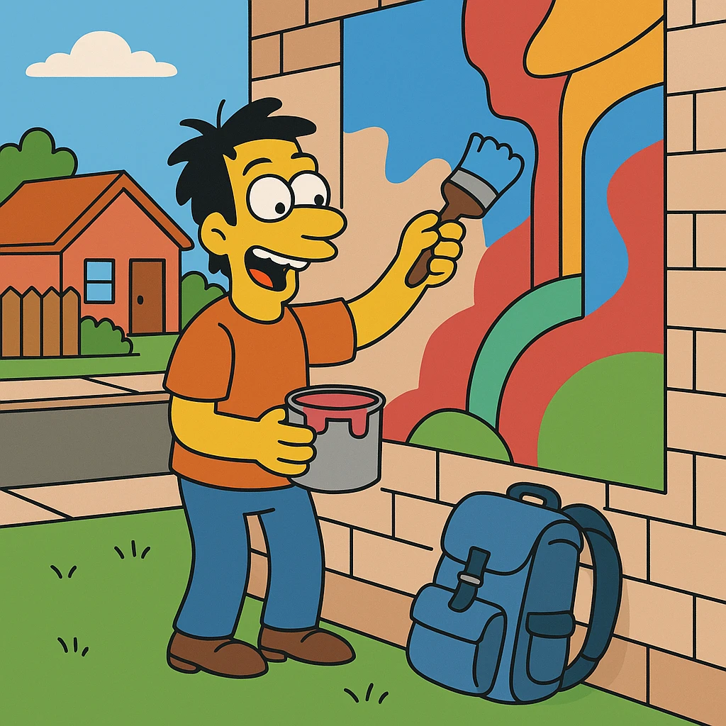 The itinerant artist traveled from town to town painting murals (big pictures painted on walls, often outside or in public places). 1 person - artist painting on a wall in town. A hiking backpack lying next to him emoji