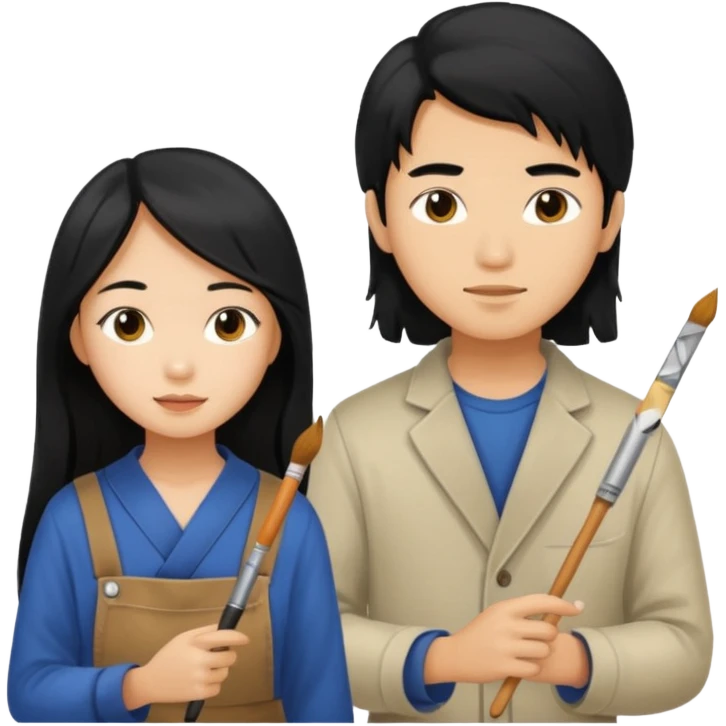 Asian boy with long hair  and girl painters emoji