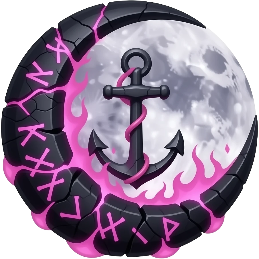 „blackened crescent‑moon fused with a jagged anchor, cracked runic engravings glowing violet, thin pink curse‑energy leaking like burning veins, soft moonlight catching the cracks, drifting shadow‑mist, ultra‑detailed, black‑violet‑pink palette, no characters“ emoji