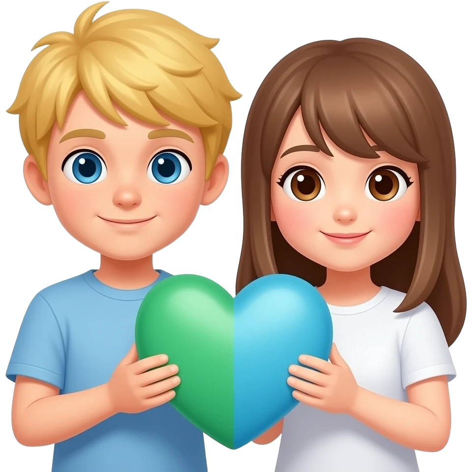 Make a boy with blonde hair and blue eyes and a girl with straight o bangs light brown hair with brown eyes hold green/blue heart emoji