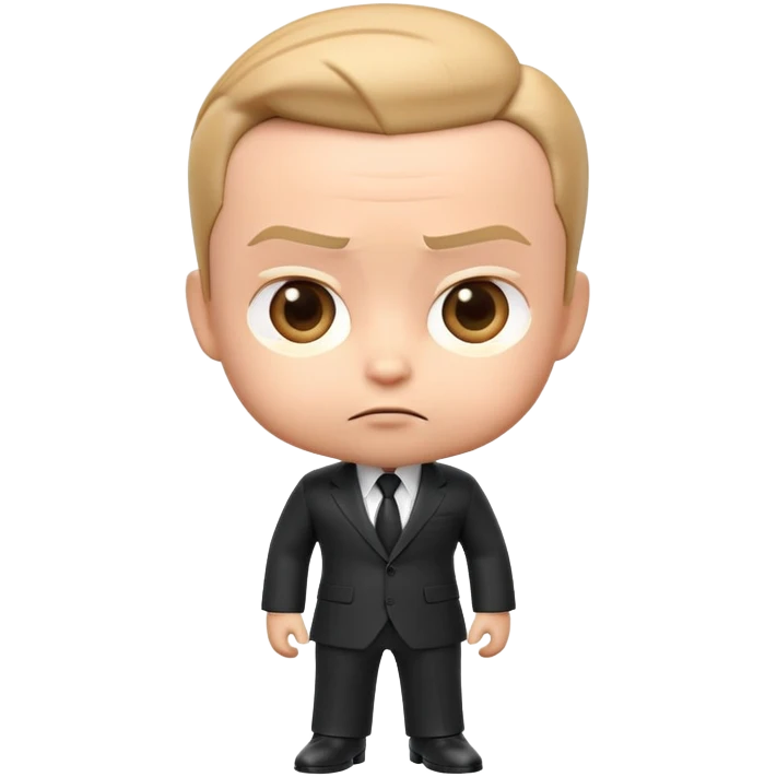 "Create a 3D emoji of Big Boss Baby with his sharp suit, slicked-back hair, and a confident, serious expression. Make it vibrant and playful, capturing his business-savvy attitude in a fun, exaggerated way!" emoji