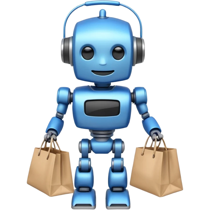 black friday robot with blue and metalic colours with bags in his hands smiling emoji
