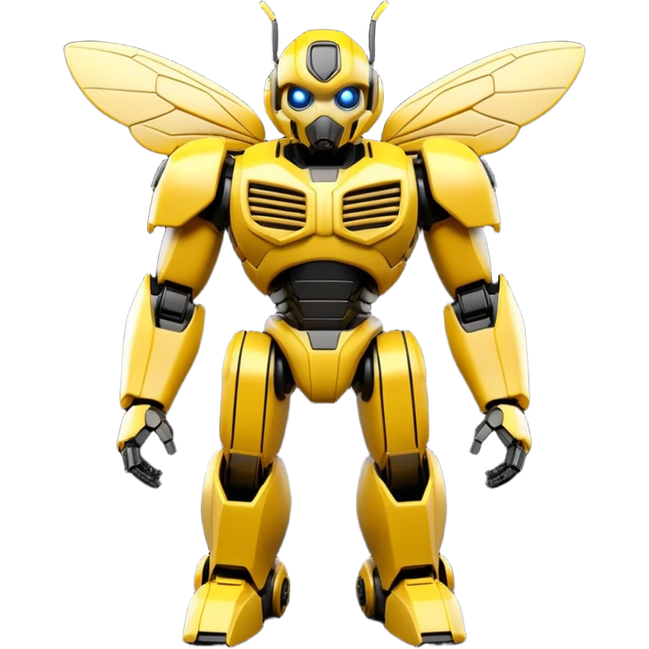 Clean 3D printable robotic bumblebee character, Bumblebee Transformers inspired design emoji