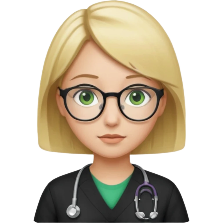 A girl in black scrubs with a blonde bob and glasses no stethoscope green eyes emoji
