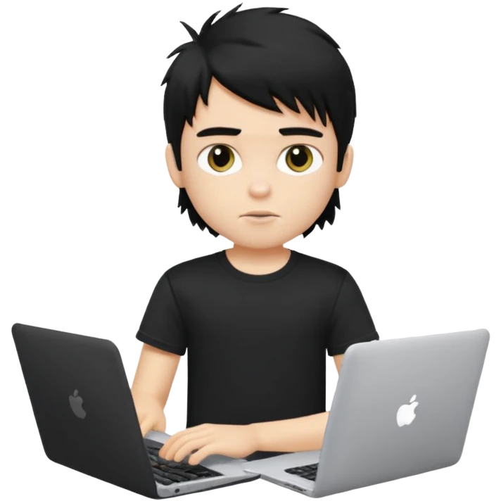 generate a pretty fair bratz boy with a messy mullet (black hair), wearing a black tshirt. Using his laptop emoji