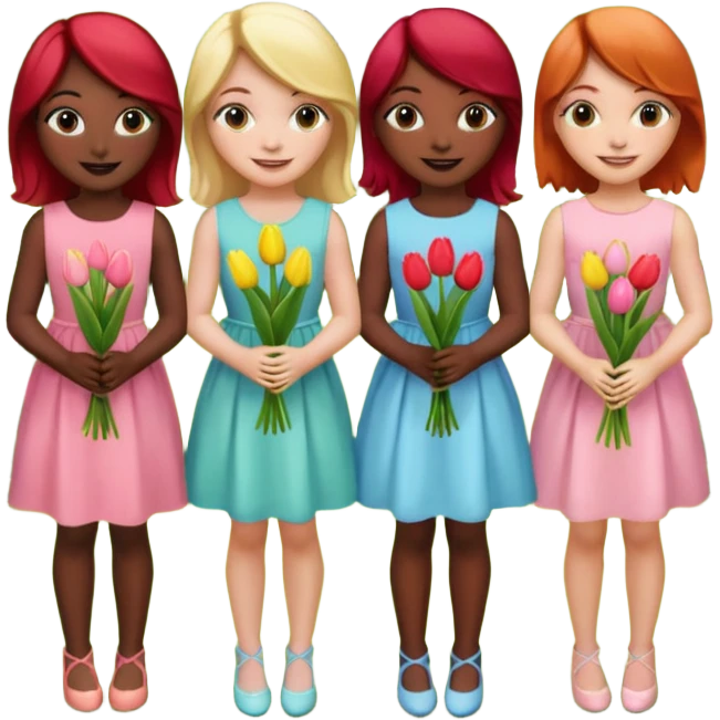 girls at a garden party wearing pastel dresses and holding tulips, one is black, one is blond, one has brown hair, one has red hair emoji