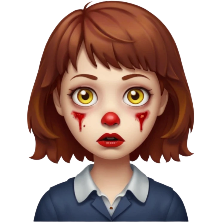 FAÇA UMA PERSONAGEM FOFA COM NARIZ DE BOLINHA AVERMELHADO CLARO E ZUMBI CABELO MARRON ONDULADO E FRANJA CURTA   COMO SE NÃO SOUBESSE OQ FEZ LÁBIOS CLAROS FECHADOS E OLHOS AMARELOS emoji