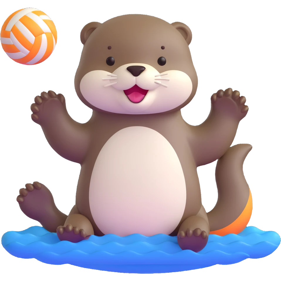 kawaii otter floating on water holding a volleyball with two paws emoji