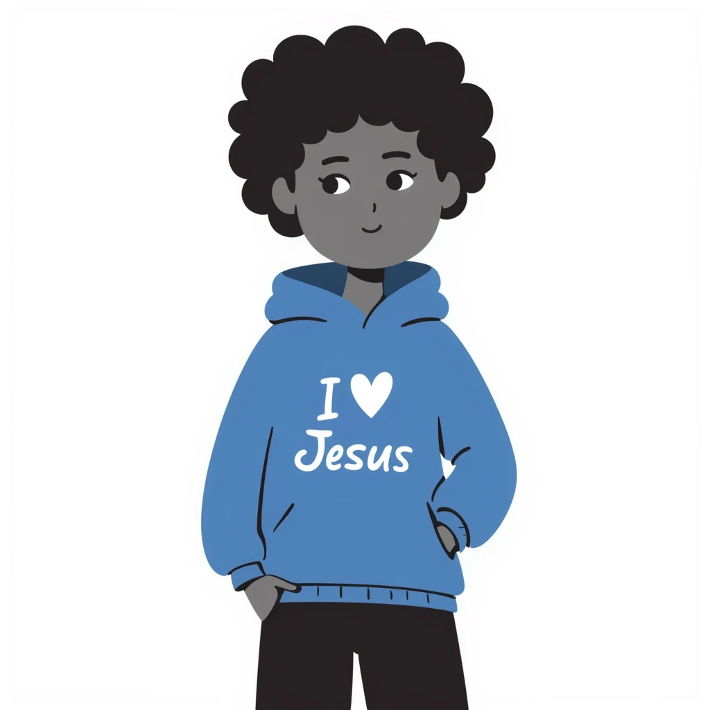 short curly-haired dark skin girl, blue hoodie, 'I heart Jesus' text emoji