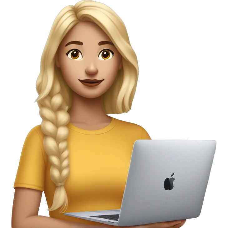 A blonde girl wearing airpods max and looking at a macbook emoji