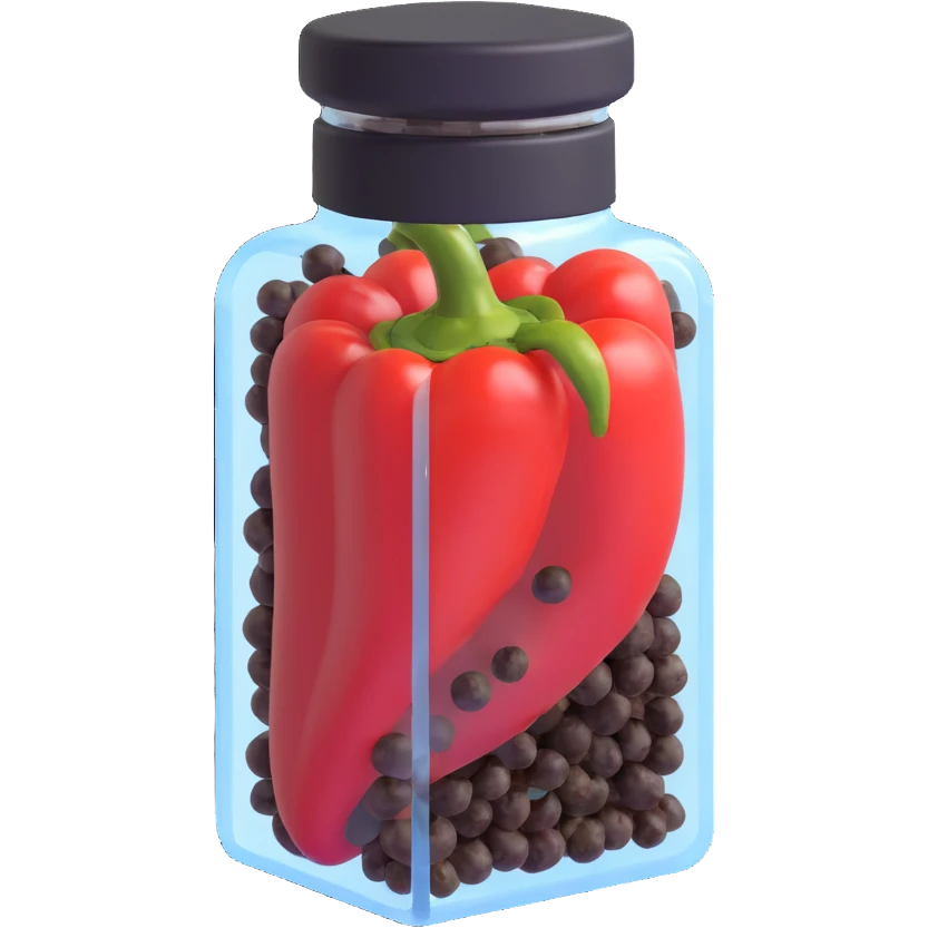 3D emoji style, transparent pepper case (pepper shaker) containing black pepper grains, three-dimensional and realistic look, no background emoji