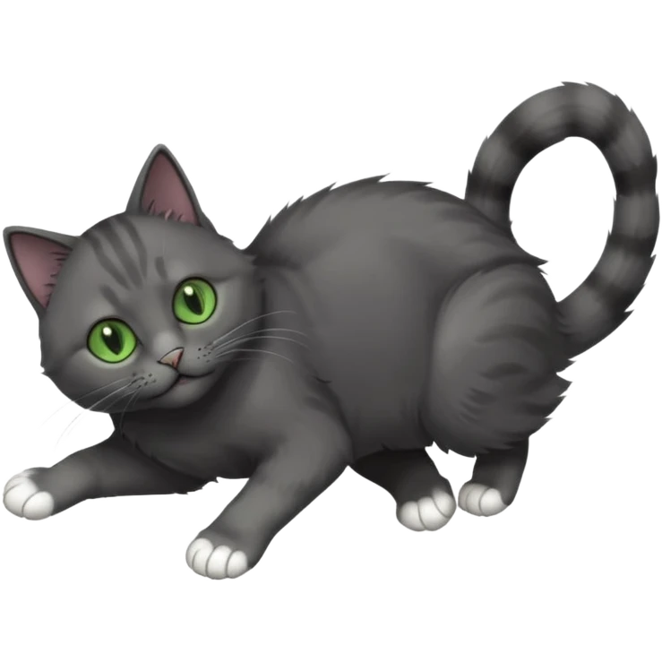 solid dark grey cat with green eyes, completely solid grey face, white toes/paws playfully rolling upside down emoji