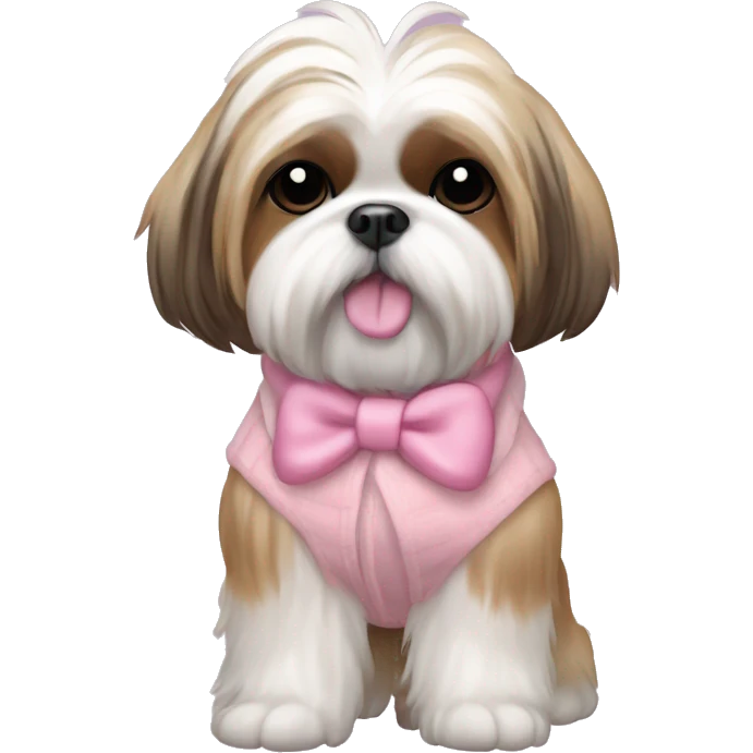 Shih tzu with tan and white fur with ponytail on top of head in pink bow and pink sweater emoji