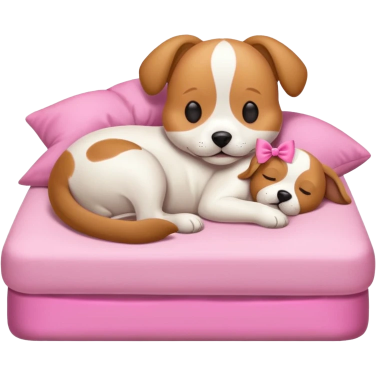 Cute sleeping dog with a pink bow and bed emoji