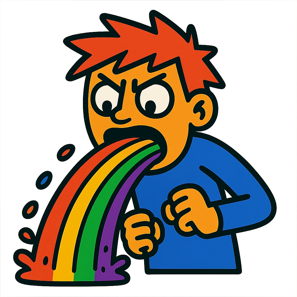 a character throwing up a rainbow, vibrant and expressive emoji
