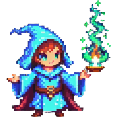 pixel art character casting a magic spell with glowing effects emoji