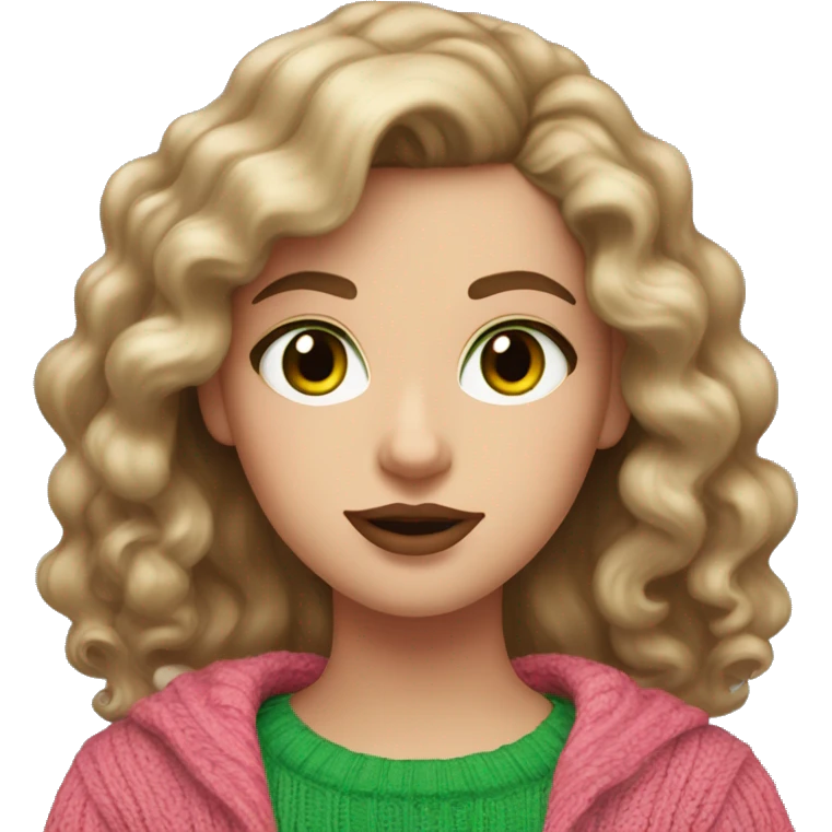 White girl with brown long curled hair and green eyes and a pink sweater with big red lips  emoji