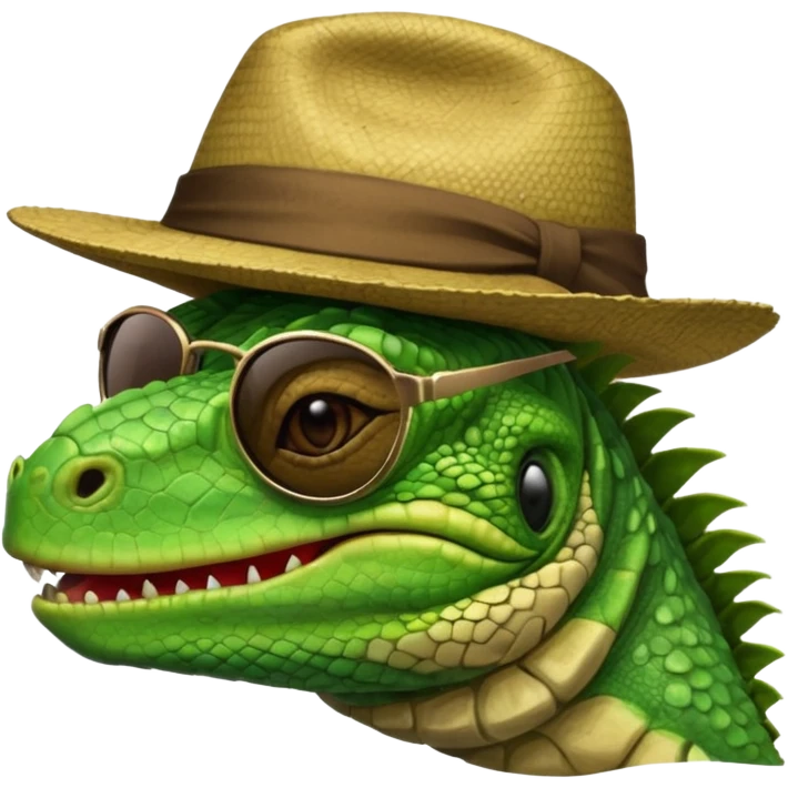 capitalist iguana head with black reflex sunglasses and hat smiling sarcastically emoji