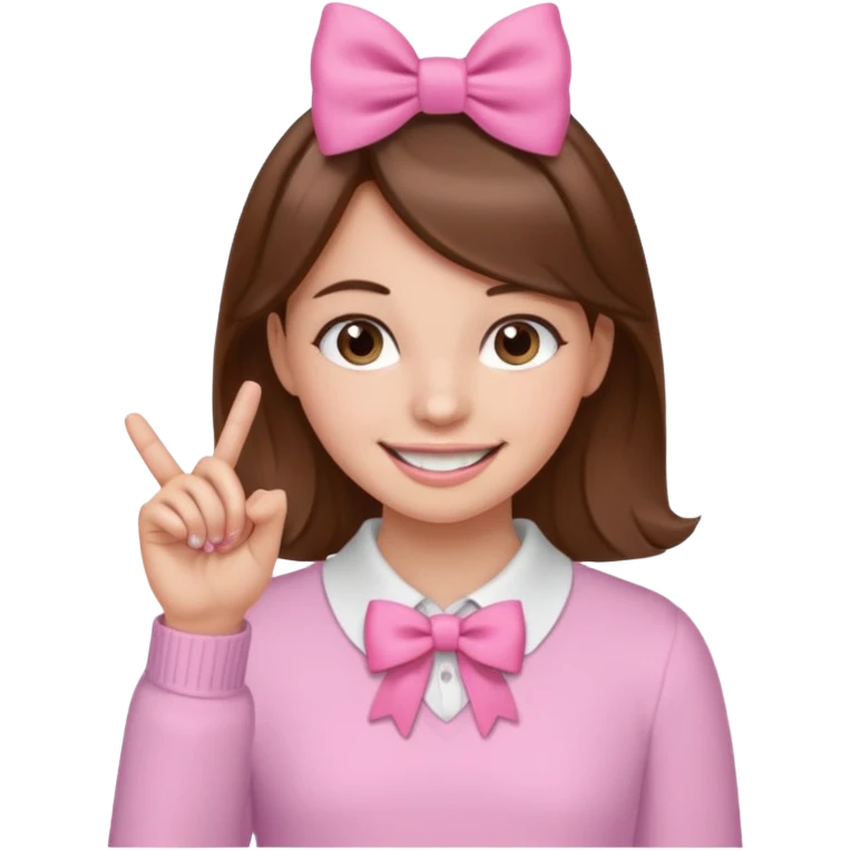 Chica con pelo marron sonriendo con un lazo rosa en la cabeza y con la punta del dedo indice entre los dientes con delicadeza y la otra mano que no salga en el emoji emoji