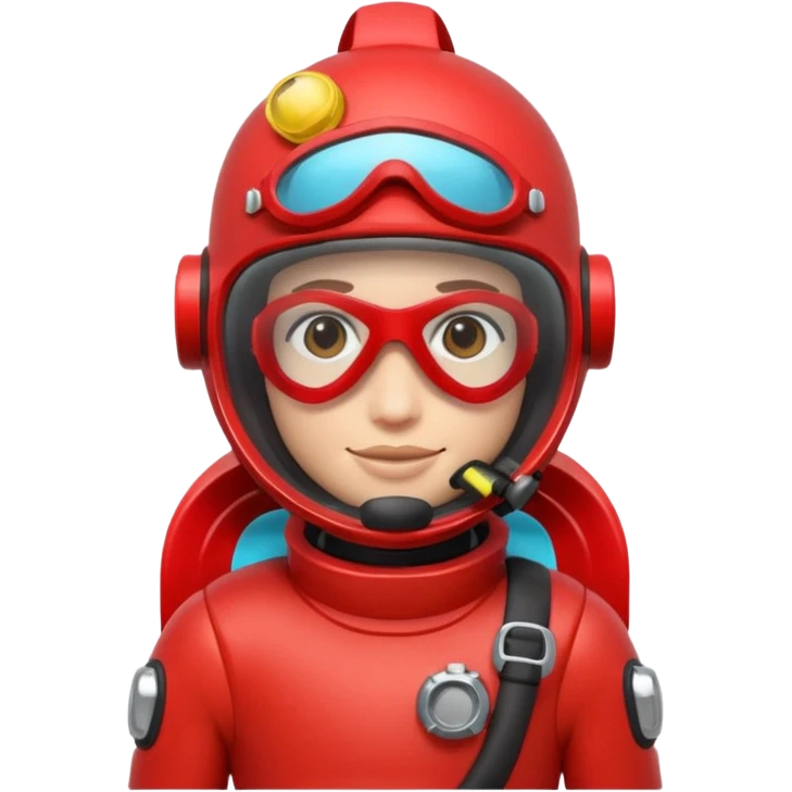 3D cartoon-style human character in the Apple emoji style, wearing a red scuba diving helmet with glass visor emoji