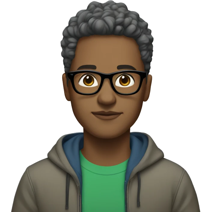 Light Brown skin, black socks, grey pants, green hoodie, blue glasses, Mersey hair emoji