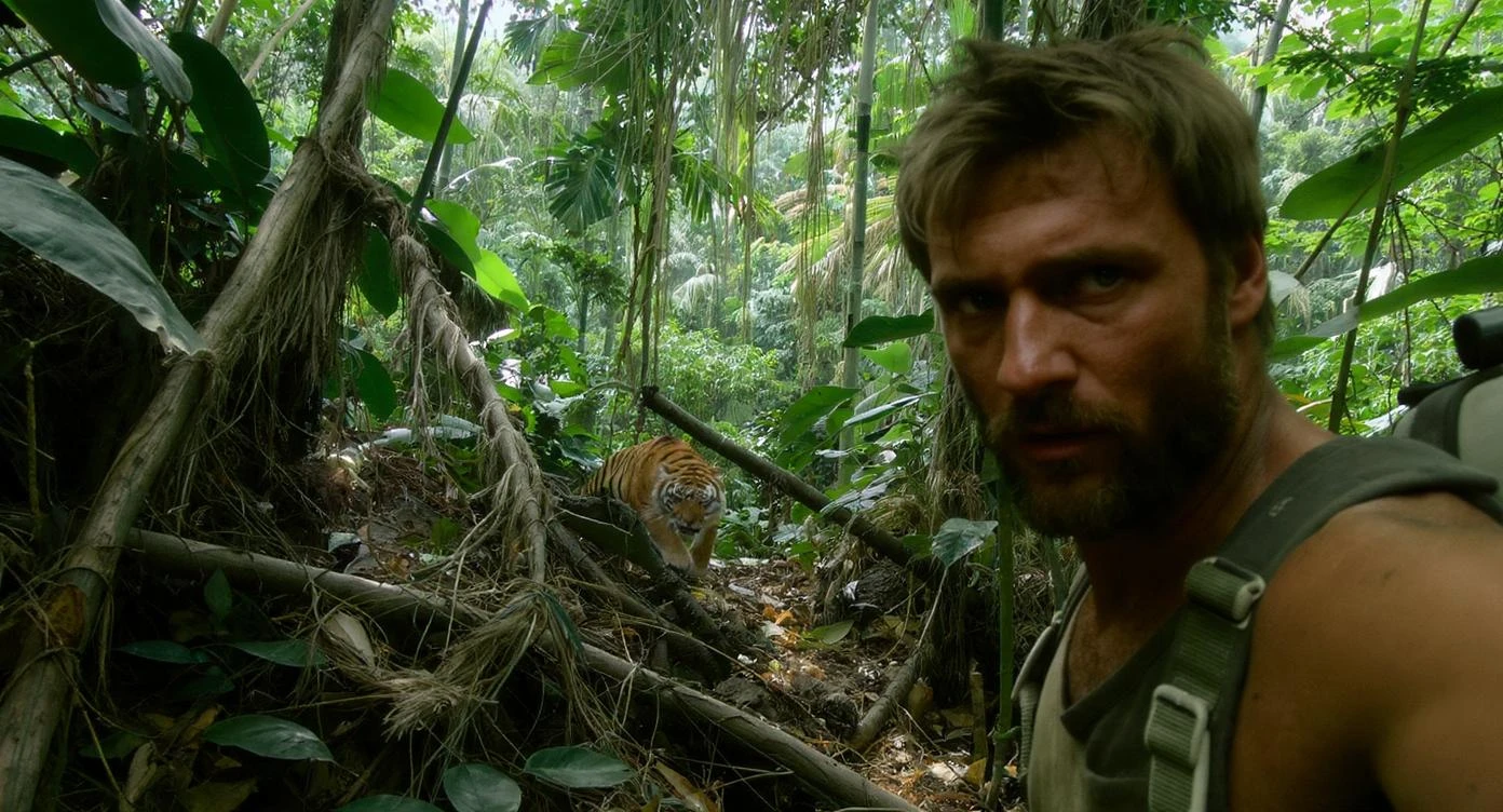 cinematic still, documentary photography, amazon jungle, well lit scene, man is exploring the jungle, close up, front shot, rule of thirds, tiger in background sneaking trying to jump on man emoji