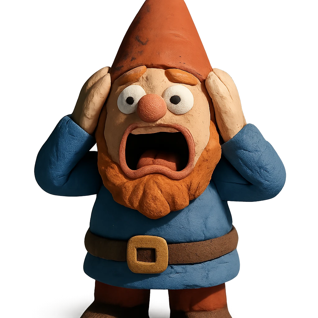 claymation style gnome holding his head and screaming emoji