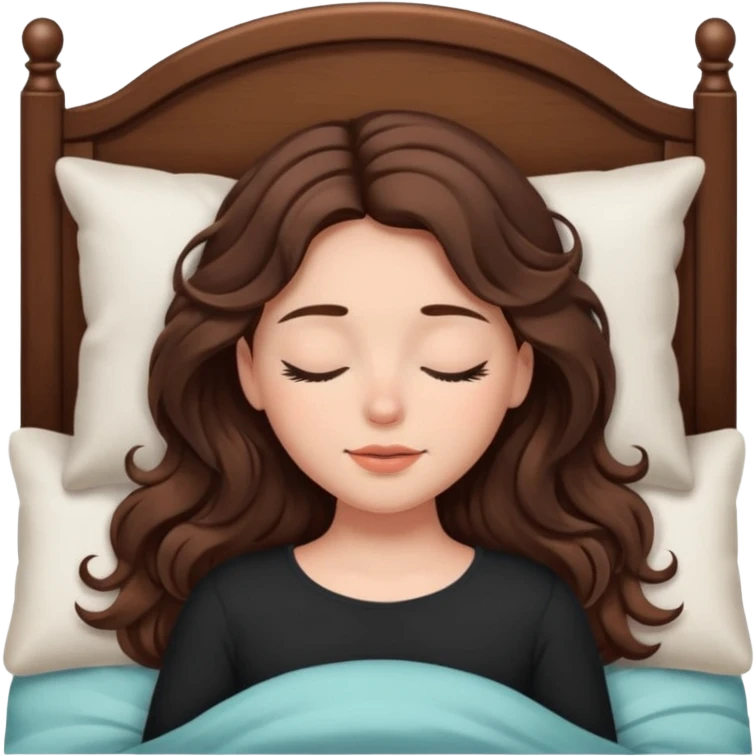 Um amenina super linda com cabelo marrom meio preto  com as pontas ondulado,  cabelo grande na cama deitada com o olho fechado  emoji